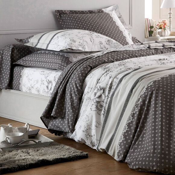 Bedlinnen Gabrielle in flanel met bloemenprint en kant (grijs)