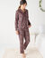 Pyjama manches longues coton fleuri col tailleur (noir / bordeaux)
