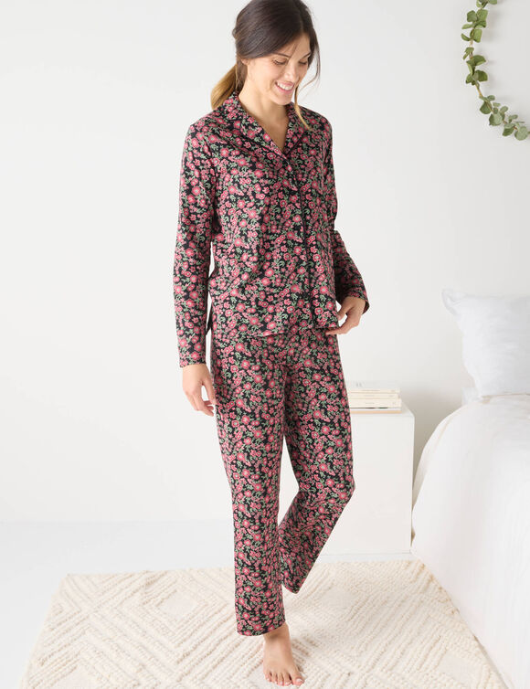 Pyjama manches longues coton fleuri col tailleur (noir / bordeaux)