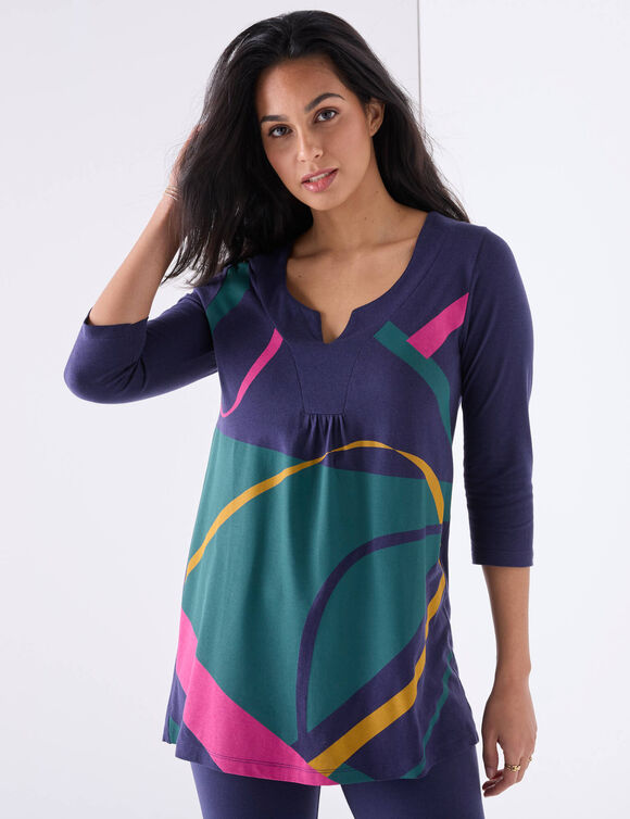 Tunique col V manches 3/4, imprimé graphique (marine / vert)