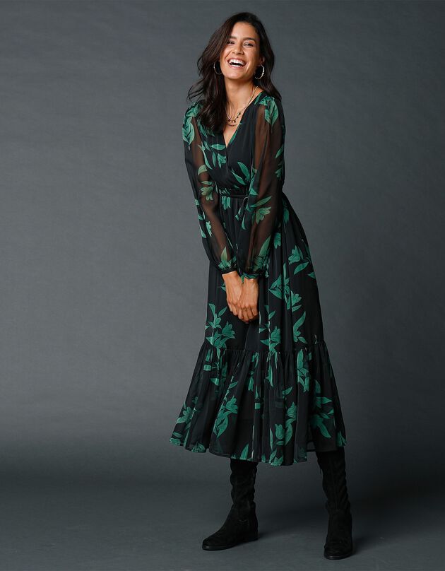 Lange jurk met stroken, bedrukte voile (zwart / groen)