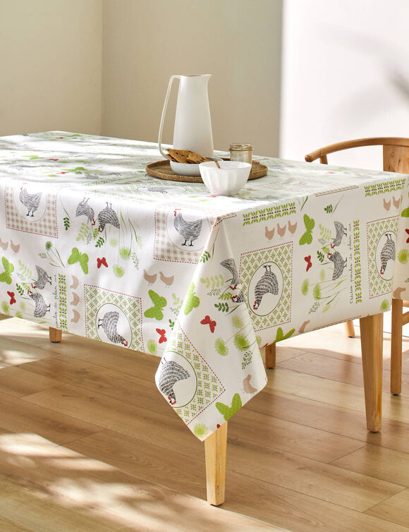 Nappe toile cirée imprimé poules (blanc / vert)