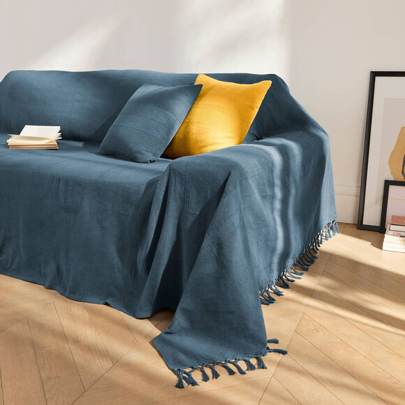 Effen katoenen plaid of sprei, ambachtelijk geweven (marineblauw)