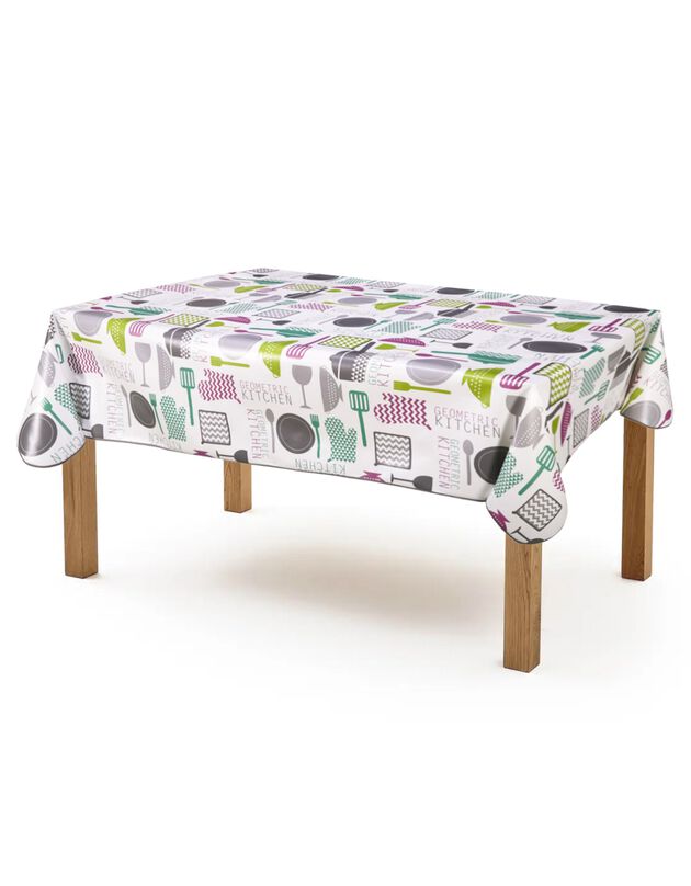 Tafelzeil met keukenprint (wit / paars)