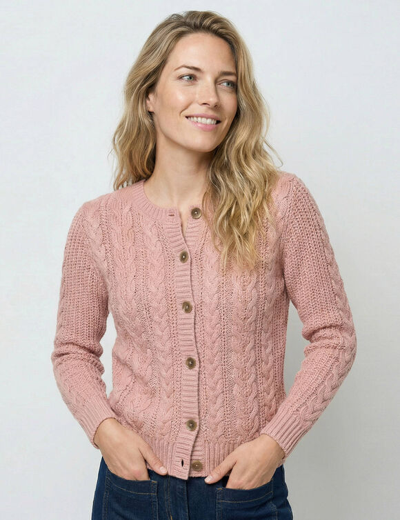 Cardigan boutonn&eacute;, maille torsad&eacute;e (rose poudr&eacute;)