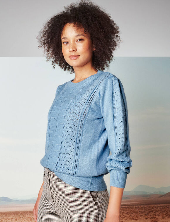 Pull col rond, maille fantaisie toucher doux (bleu gris&eacute;)