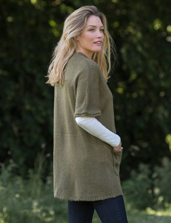 Gilet long ouvert manches courtes toucher doux  (vert olive)
