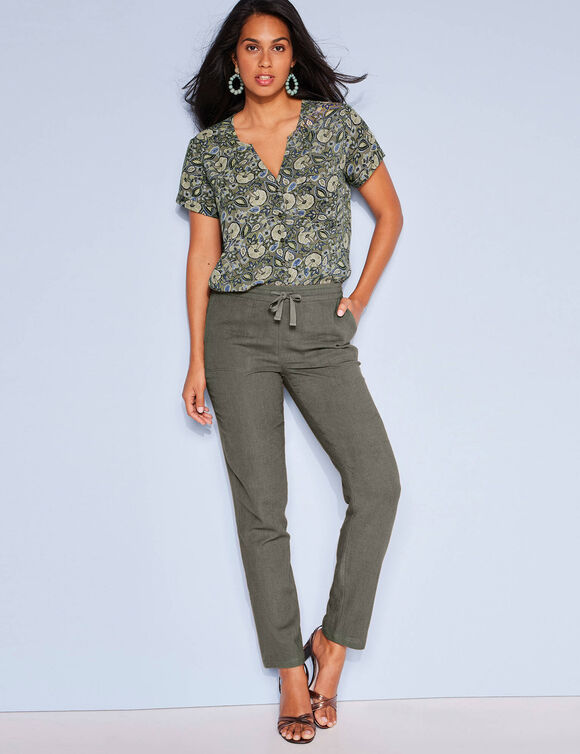 Pantalon fuselé fluide, lin-coton (kaki)
