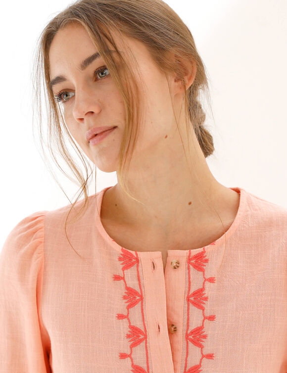 Chemisier brod&eacute; col rond, manches longues blousantes (p&ecirc;che)