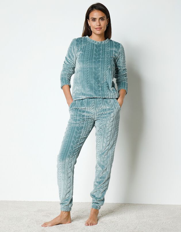 Pyjama met lange mouwen in getextureerde pluchefleece (grijsblauw)