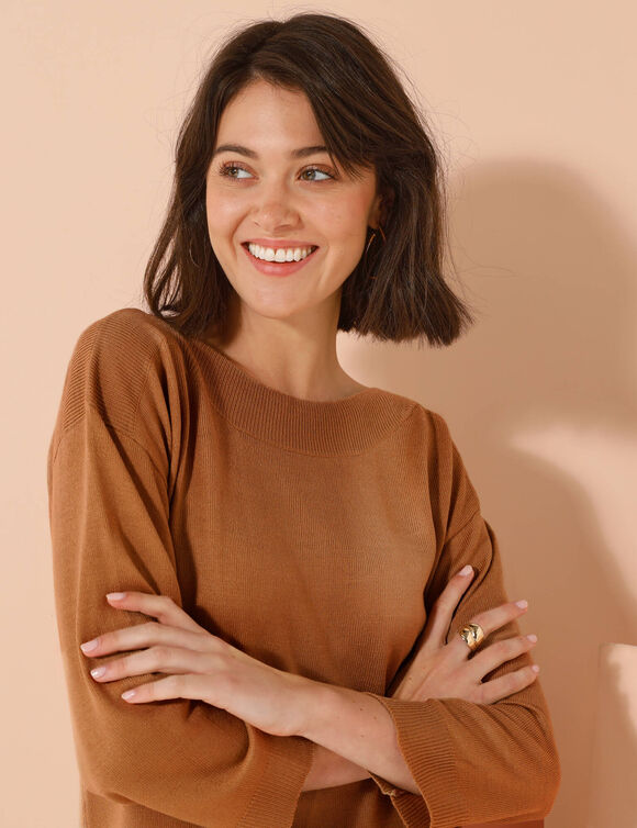 Pull col bateau manches 3/4, toucher doux (noisette)