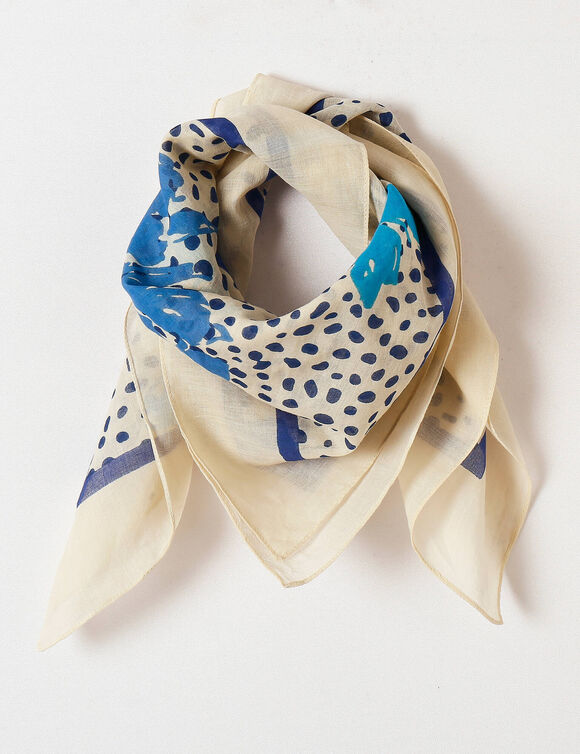 Foulard imprimé papillon voile de coton (écru / bleu)