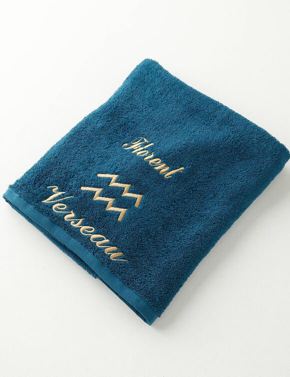 Serviettes de bain brod&eacute;es Verseau personnalisable - 420g/m2 (bleu paon)