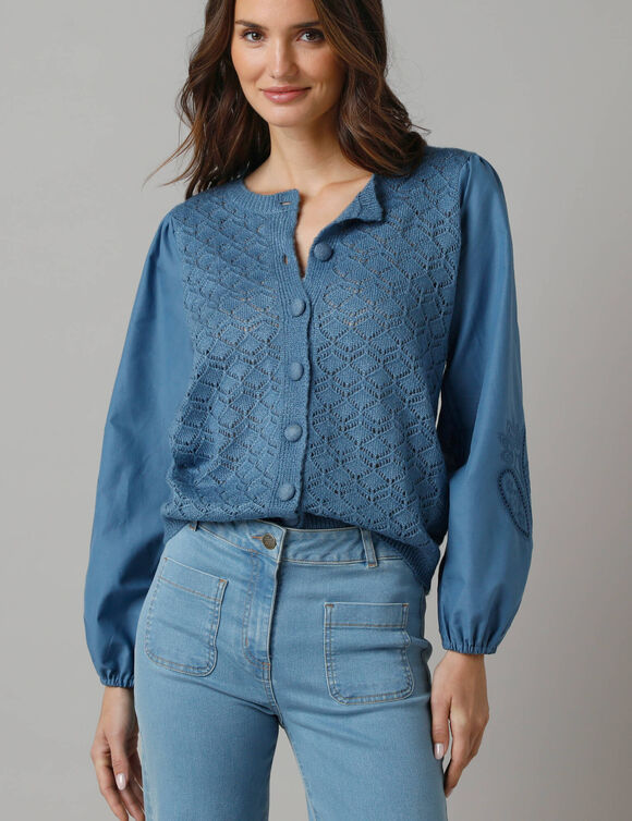 Gilet 2en1 bi matière, maille ajourée et manches brodées coton (bleu)