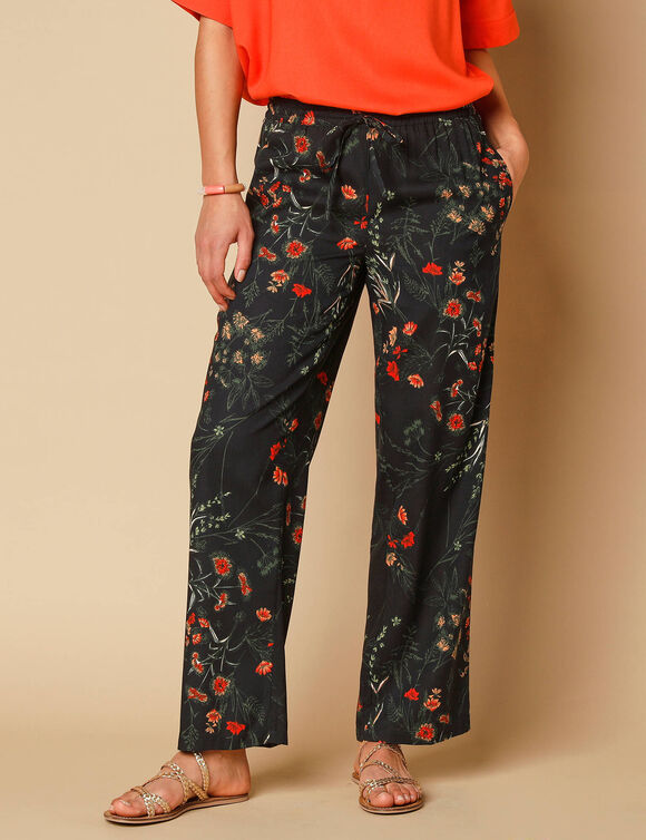 Pantalon large fluide, imprim&eacute; fleuri (noir / kaki)