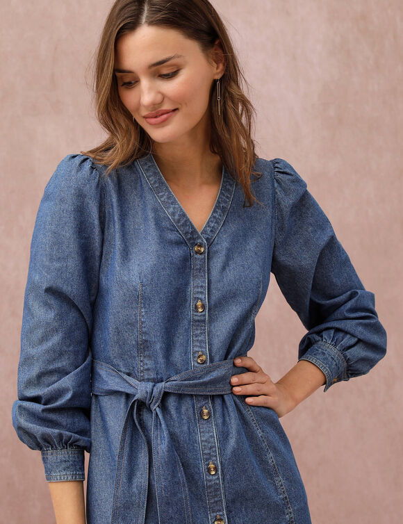 Robe longue boutonn&eacute;e ceintur&eacute;e, jean (stone)