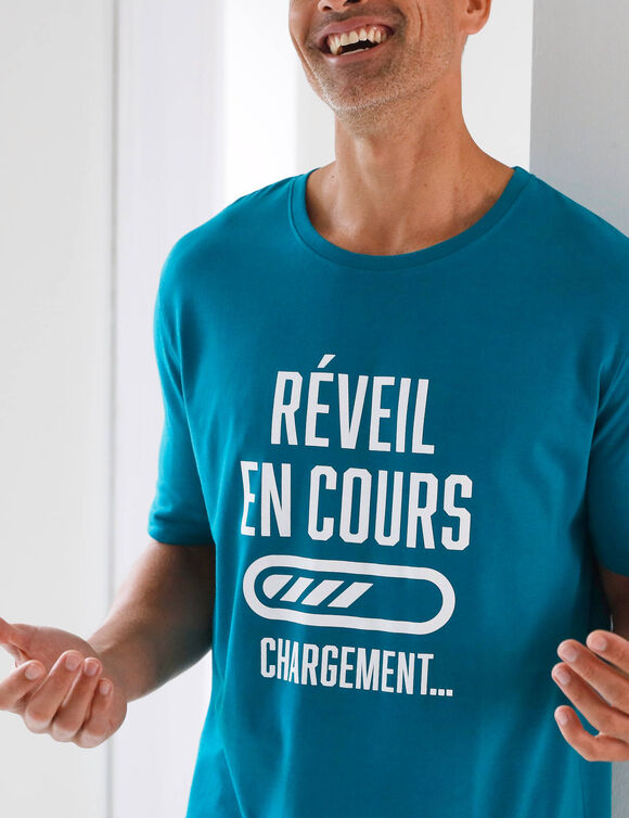 Maxi-pyjama-T-shirt bedrukt met motief &bdquo;wekker aan de gang&ldquo; (eendenblauw)