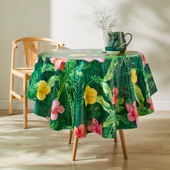 Nappe toile cirée imprimé hibiscus (vert / multicolore)