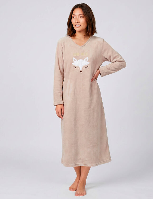 Lang nachthemd met &bdquo;fox&ldquo;-motief, fleece (taupe)