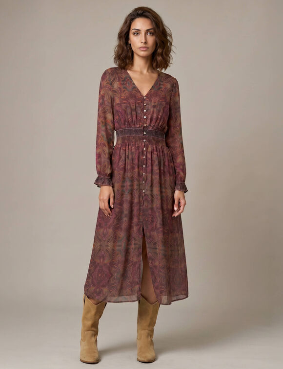 Robe longue boutonn&eacute;e imprim&eacute;e, taille smock&eacute;e (violet)