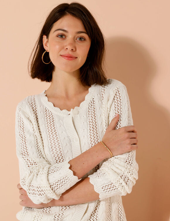 Gilet boutonn&eacute; col rond &agrave; &eacute;cailles, maille ajour&eacute;e (&eacute;cru)