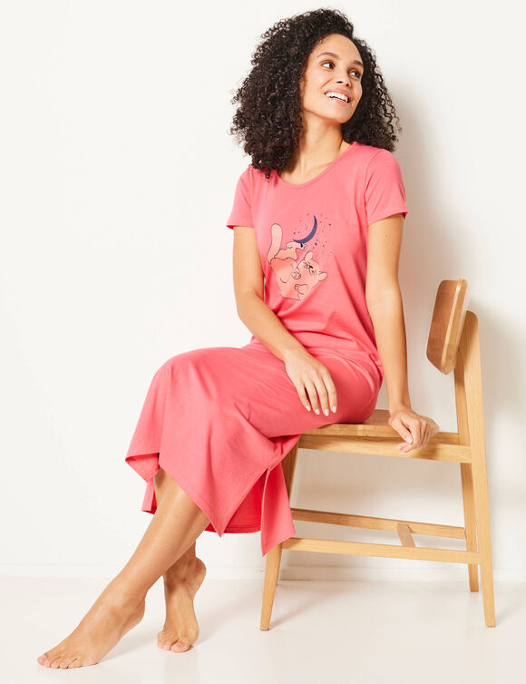Chemise de nuit longue imprimée chat (corail)