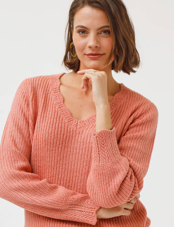 Pull col V, maille anglaise (bois de rose)