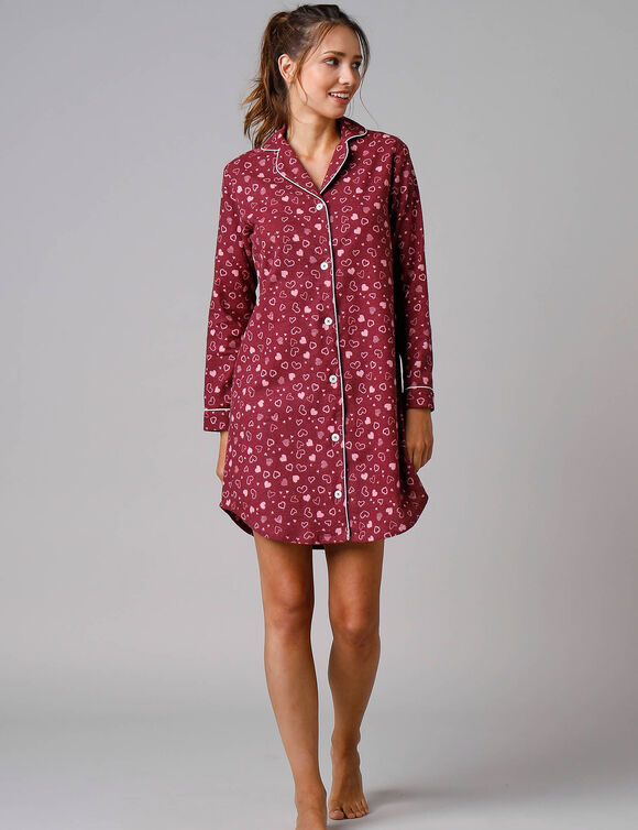 Nachtjapon van fleece in nachthemdmodel met bedrukte harten (kersenrood)