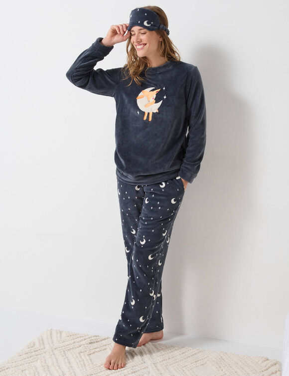 Pyjama in fleece met 'hertenkalf' print, lange mouwen + bijpassend masker (leiblauw)
