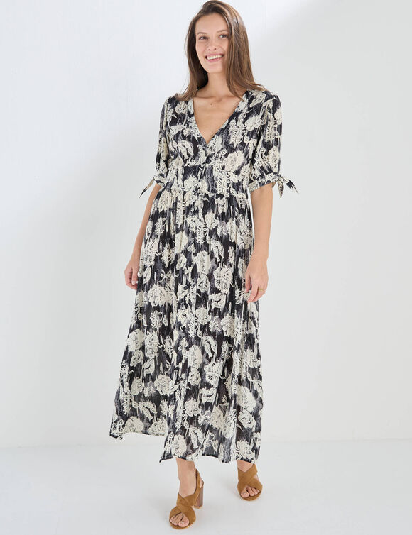 Robe longue imprim&eacute;e, &eacute;vas&eacute;e (noir)