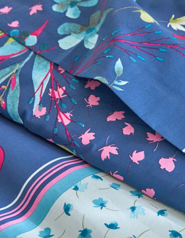 Linge de lit Betty en coton à motifs fleurs et oiseaux (bleu)