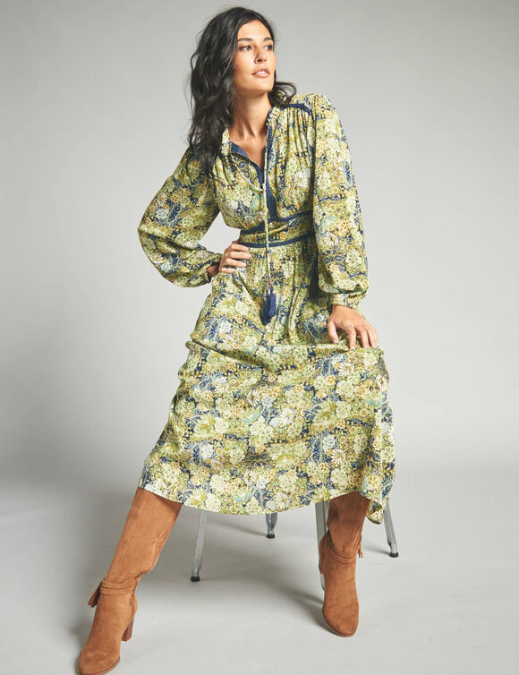 Robe longue imprimé floral finition macramé (marine / vert)