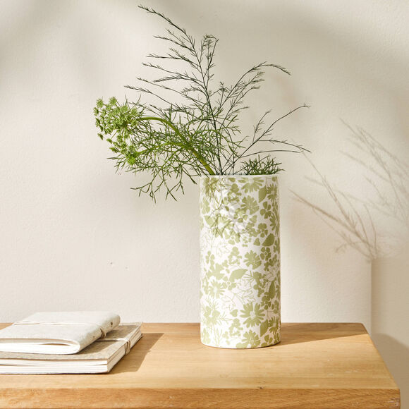 Vase c&eacute;ramique imprim&eacute; floral - hauteur 19,5 cm (blanc / vert)