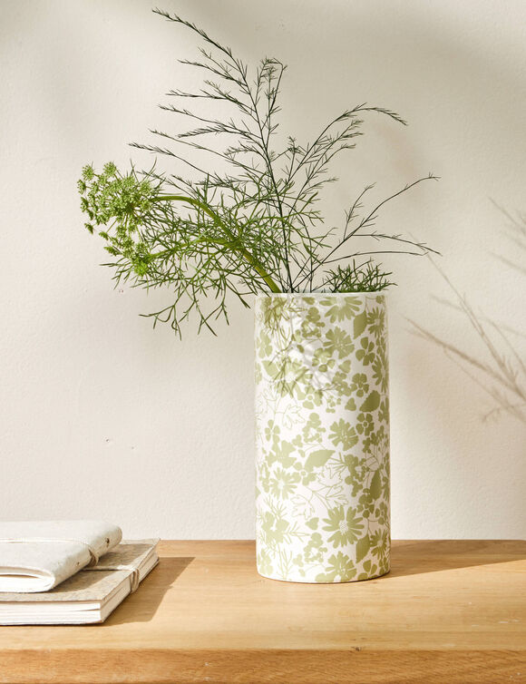 Vase c&eacute;ramique imprim&eacute; floral - hauteur 19,5 cm (blanc / vert)
