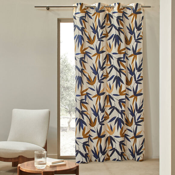 Rideau imprimé feuillage bambou (beige / marine)