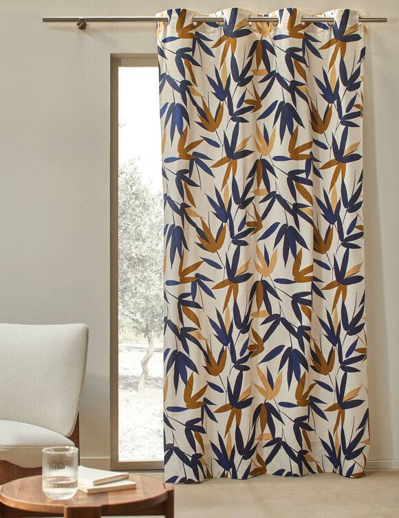 Rideau imprimé feuillage bambou (beige / marine)