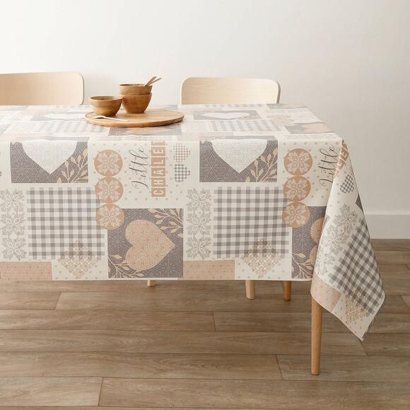 Tafelzeil met chaletmotief (beige / blauw)