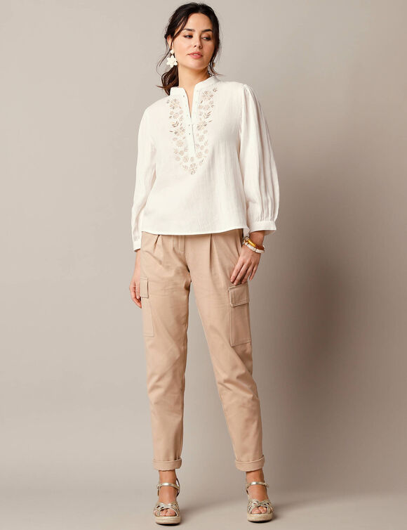 Blouse brodée, double gaze de coton (écru / beige)