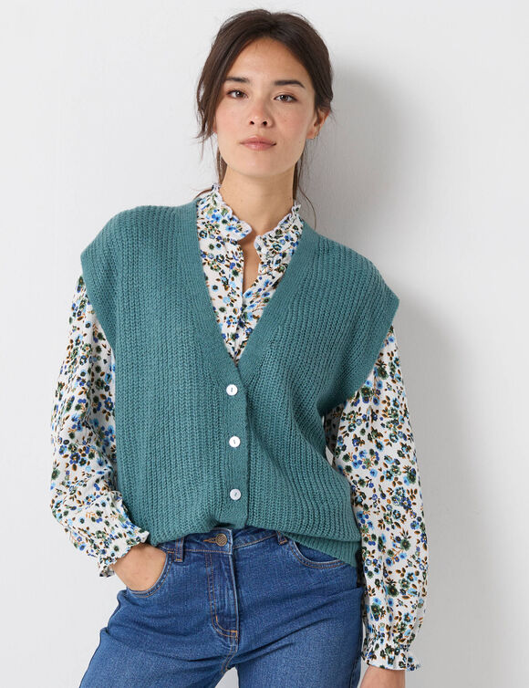 Mouwloos vest met knopen, patenttricot (saliegroen)