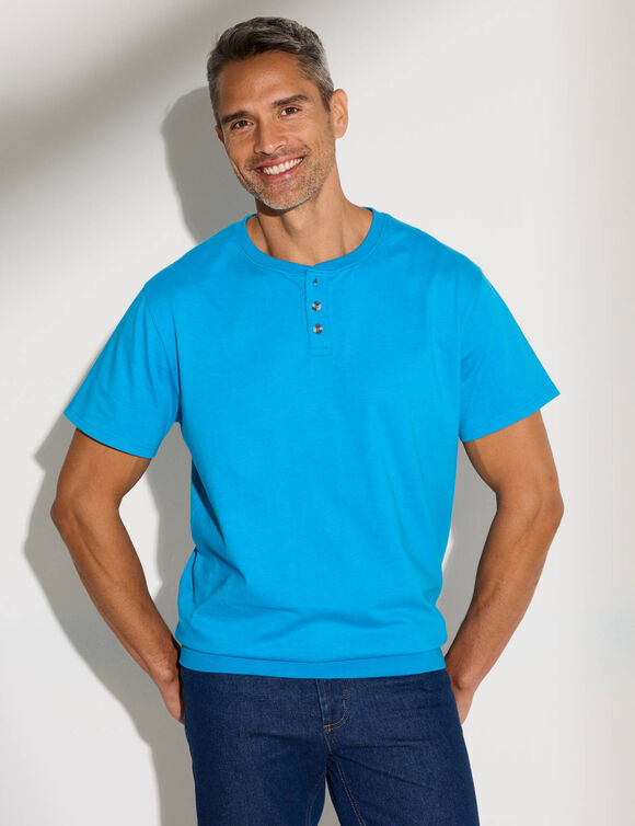 Comfortabel Henley T-shirt met korte mouwen - biologisch katoen (blauw)