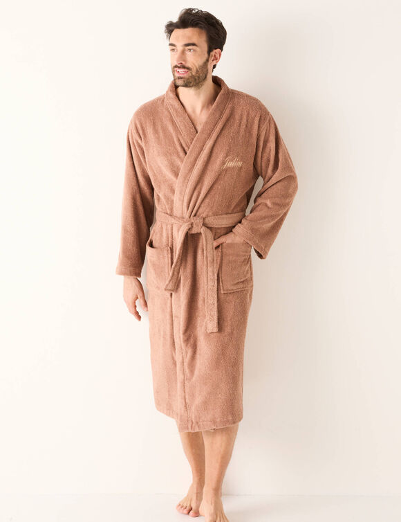 Peignoir mixte adulte uni coton éponge bouclette col kimono personnalisé (châtaigne)