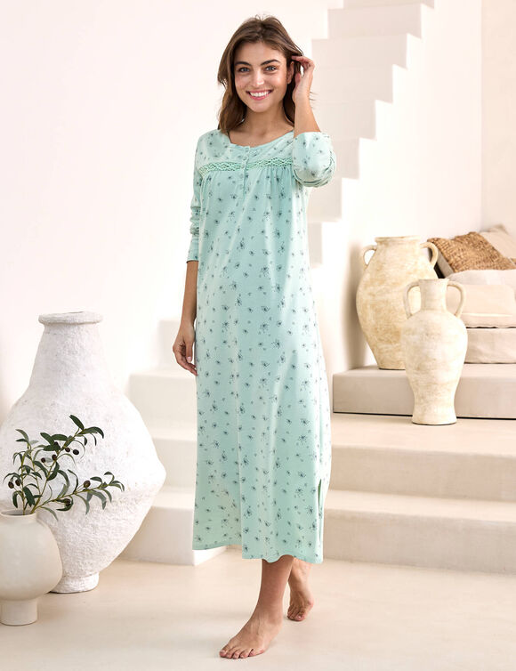 Chemise de nuit longue manches longues imprimée "fleurettes" (vert amande)