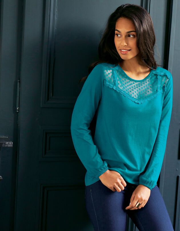 Effen T-shirt met frontje in plumetis en kant (eendenblauw)