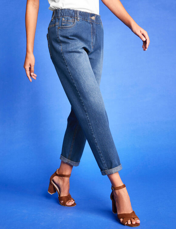 Jean stretch coupe mom confort, taille &eacute;lastiqu&eacute;e (stone)