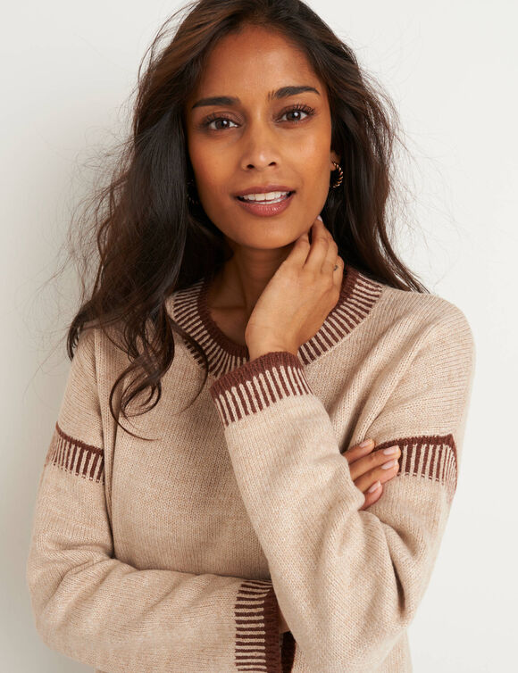 Pull loose bicolore, col rond (beige / chocolat)