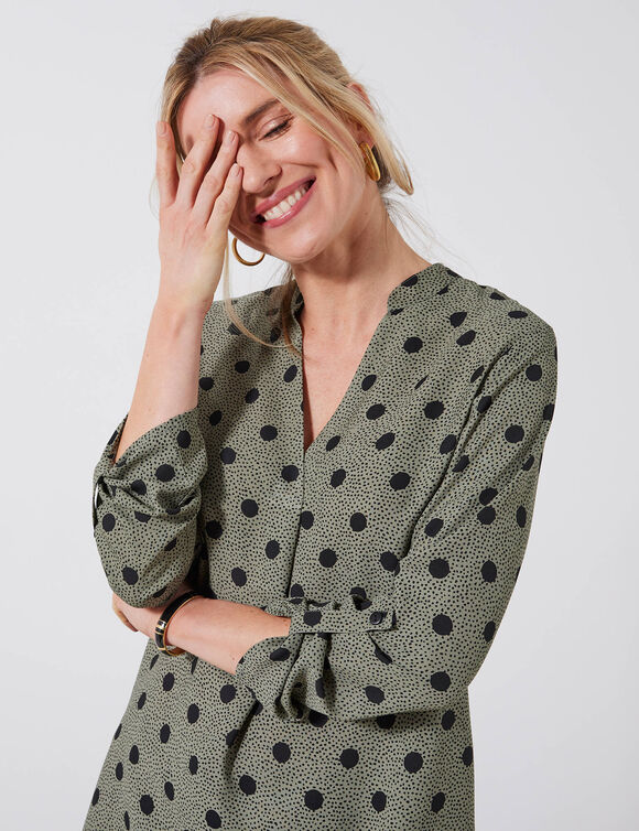 Blouse col tunisien imprimé pois, crêpe (kaki / noir)