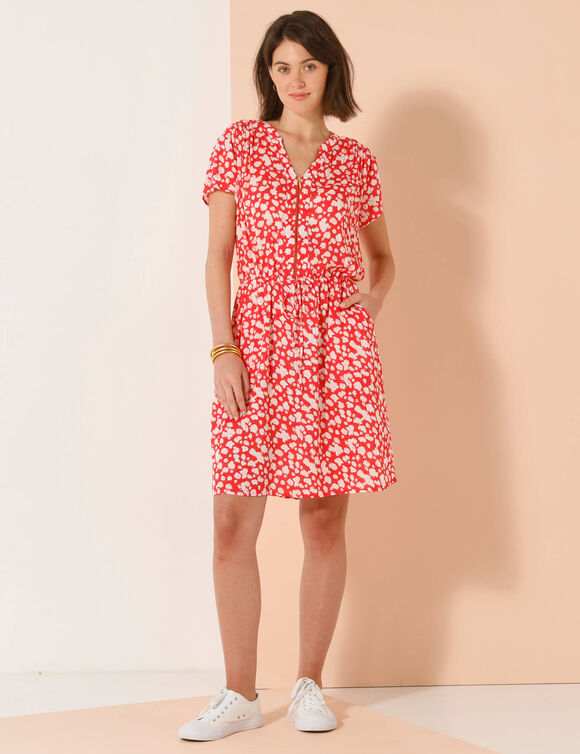 Robe courte col zippé, crépon imprimé (rouge / écru)