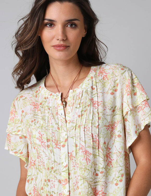 Chemisier manches courtes papillon, cr&eacute;pon imprim&eacute; fleuri (wit / groen)