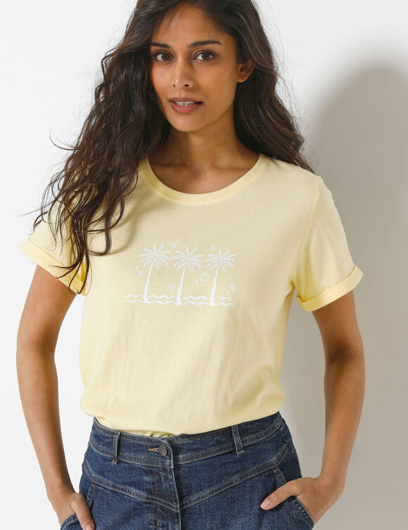 T-shirt manches courtes, imprim&eacute; palmiers devant (geel / wit)