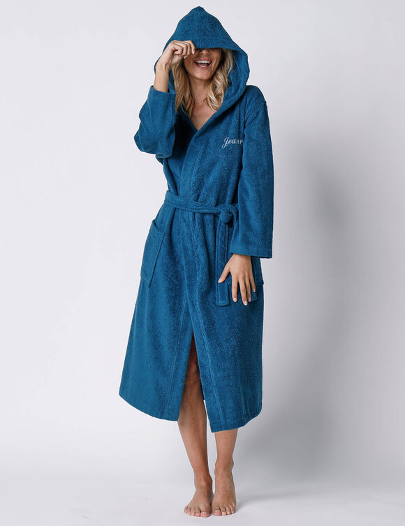 Gepersonaliseerde badjas met capuchon voor volwassenen (unisex) - lusjesbadstof 380 g/m&sup2; (pauwblauw)